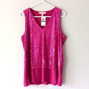 NEW Michael Kors Sequined Sleeveless V-Neck Relaxed Fit Tank Deep Fuschia Large